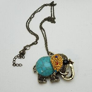 Elephant 1.5" x 2" Turquoise Antique Gold Colored Rhinestone 26" + 2" ext